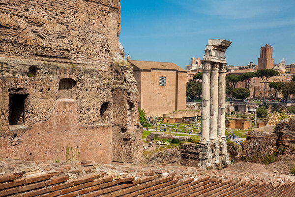Remains of the Temple of Castor and Pollux or the Dioscuri at the Roman Forum in Rome