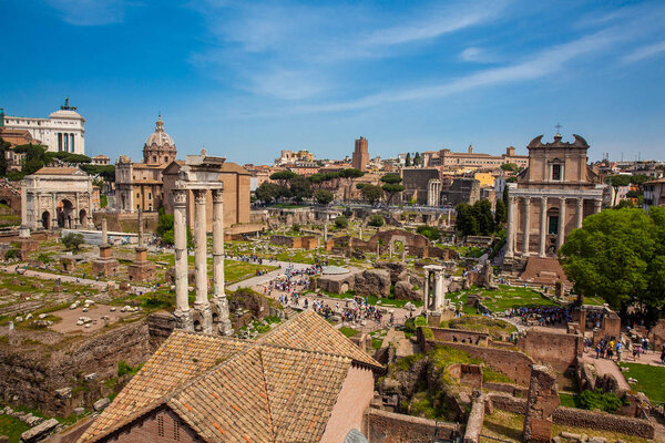View of the ancient ruins of the Roman Forum in Rome