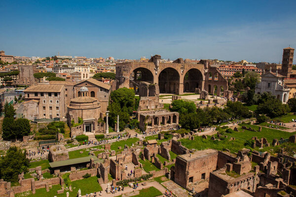 View of the ancient ruins of the Roman Forum in Rome