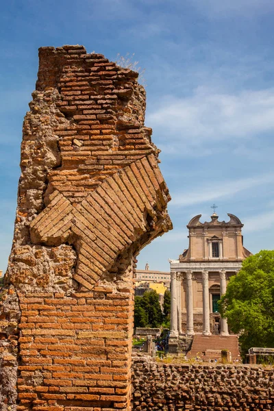 로마 포럼의 성벽 유적과 로마의 안토니누스 사원과 파우스티노나 사원의 유적에 대한 자세한 내용 — 스톡 사진