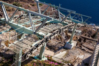 Thera kasabası ile liman bağlayan Santorini teleferik 