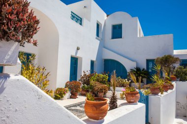 Santorini Adası 'ndaki güzel beyaz evler ve binalar