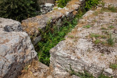 Atina 'daki Akropolis' in kuzeyinde yer alan Roma Agora 'daki antik harabelerin ayrıntıları