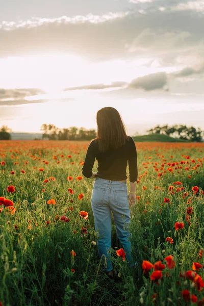 Girl Standing Her Back Field Flowers Summer Evening Copy Space — Stock Photo, Image