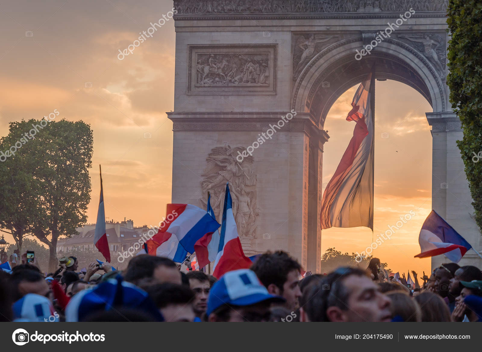 Arc Triomphe Coucher Soleil Français Drapeau Après Coupe