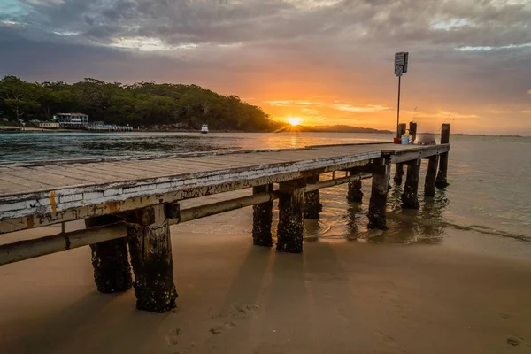 Coucher Soleil Little Beach Pier Port Stephens Nelson Bay Australie — Photo