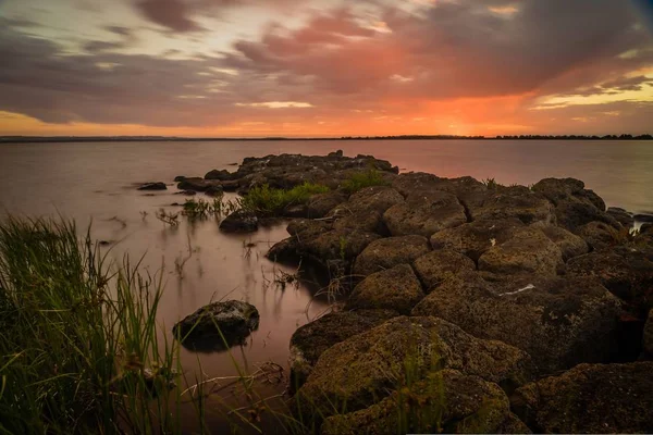 Rød Solnedgang Corangamite Søen Sommeren - Stock-foto
