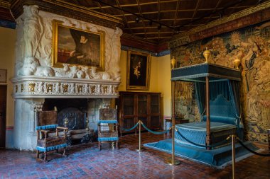 Fransa'da Chenonceau kale şömine ve gölgelik yatakta