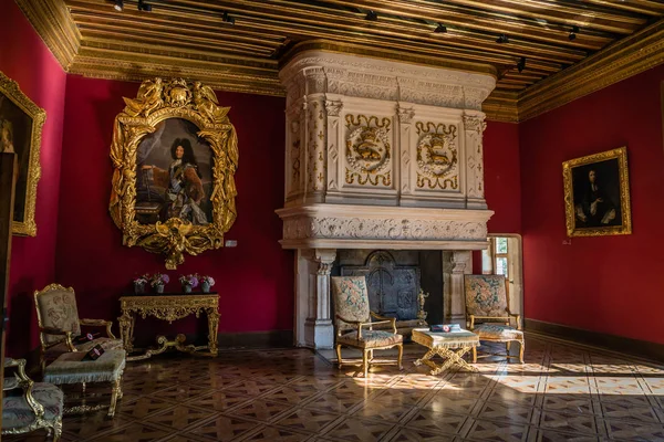 Güzel bir şekilde dekore edilmiş ve heykel şömine Chenonceau kale Fransa