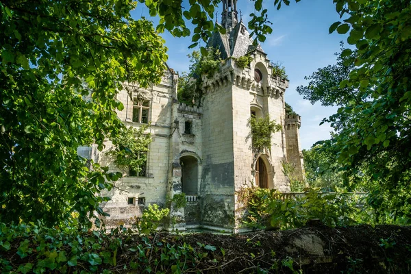 Vecchio castello perso nella foresta con alberi all'interno — Foto Stock