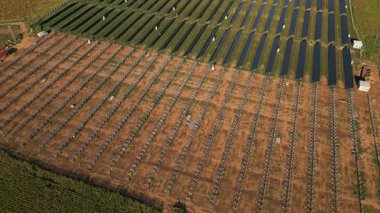 İnsansız hava aracı, sürdürülebilir ekonomik büyümenin önemli bir bileşeni olarak yenilenebilir enerji altyapısına yapılan yatırımların giderek artan eğilimini sembolize ederek, bir güneş çiftliğinin engin genişliğini yakalıyor. 