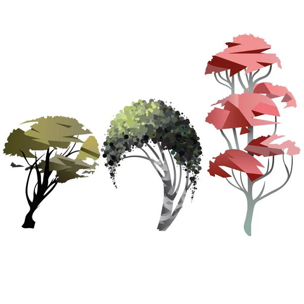 Zbiór Drzew Wektor Izolowany Sakura Dąb Brzoza — Wektor stockowy