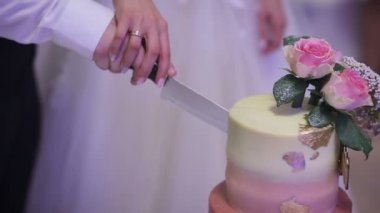 Bir gelin ve damat onların düğün pastası kesme. Yakın çekim