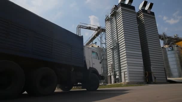 Panorama di camion grano di guida per scaricare al silo su elevare scaricatore piattaforma idraulica. Trasbordo di cereali nel grande terminale marittimo del porto marittimo. Concetto logico. Scaricando grano a silo . — Video Stock