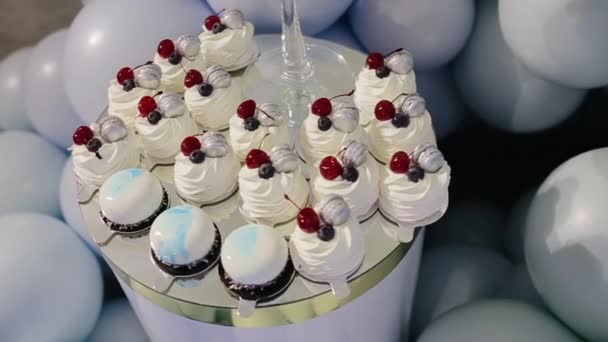 Candy bár, asztal édességekkel, finom édes sütemények fekszenek az asztalon. A kis makarónit, áfonyát és cseresznyét a tetején. A finom torták készen állnak a születésnapra.. — Stock videók