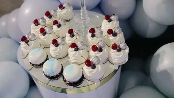 Barra de caramelos, mesa con dulces, deliciosos pastelitos dulces se encuentran en una mesa. Los pequeños macarrones, arándanos y cerezas en la parte superior de la guinda. Los pasteles sabrosos son preparados para el cumpleaños . — Vídeos de Stock