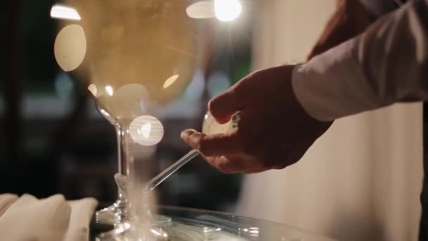 Le serveur verse du champagne. Verser le champagne dans un verre. Barman versant du champagne dans un verre, gros plan. Champagne verser dans le verre. — Video