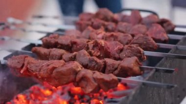 Açık havada çıkan bir yangında Şiş Kebap 'ı şiş kebap ile hazırlıyorum. Şişte kebap pişirmek. Çiğ et kışın kömür ızgarasında pişirilir.