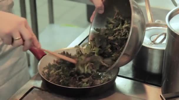 Le chef met les feuilles de l'ortie dans la casserole dans la cuisine du restaurant. Chef remuer et frites ortie sauvage sur la casserole comme un garnir à la farine de poisson — Video