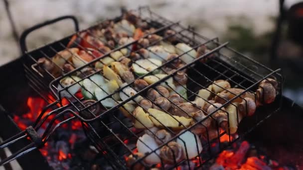 Grilled vegetables as a garnir to some meat dish. Grilling potatoes, mushrooms, zucchini and onions on a metal grate grill. — Stock Video
