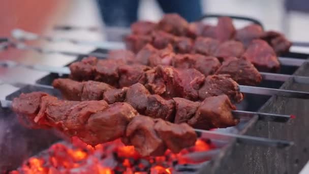 Forberede Shish Kebabs på Skewers over en brann utendørs. Matlaging av kebab på spidd. Rått kjøtt stekes på trekullgrill om vinteren – stockvideo