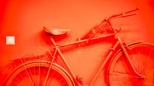 Vintage bicycle on decorative big house wall — Stock Photo, Image