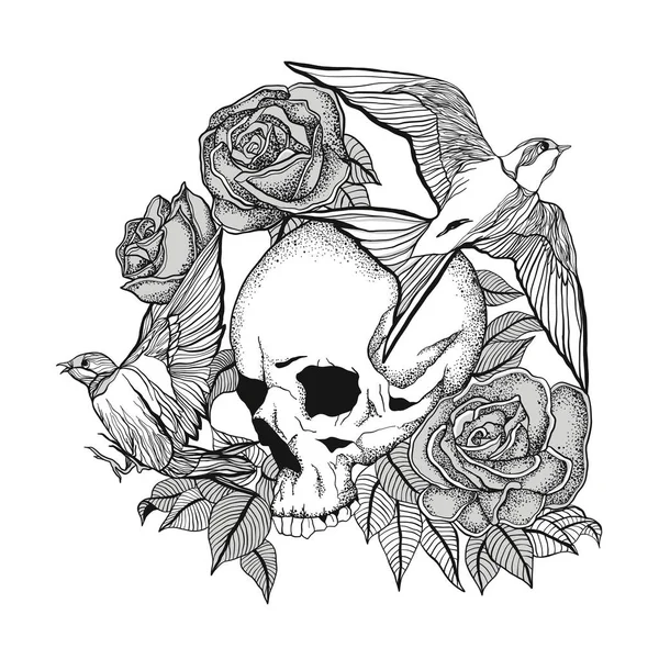 Koponya Tetoválás Koponya Tetoválás Rózsák Madarak — Stock Vector