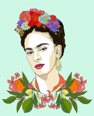 Magdalena Carmen Frida Kahlo portrait with citrus fruits and flowers clipart