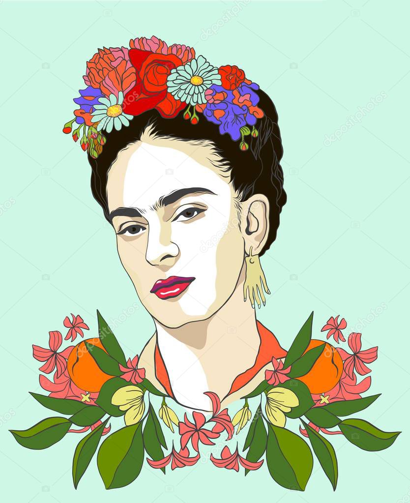 Magdalena Carmen Frida Kahlo Portrait Citrus Fruits Flowers — Stock ...