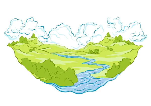 Векторный Пейзаж Поле Река Небо Зеленый Пейзаж Травой Облаков — стоковый вектор