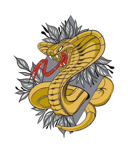 Serpent Dessiné Main Avec Des Feuilles Isolées Sur Fond Blanc — Image vectorielle