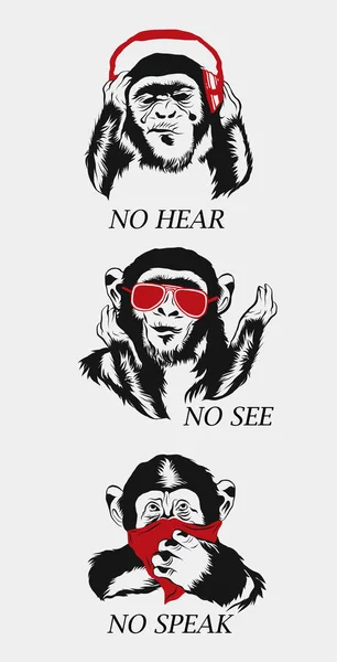 Three Cool Wise Monkey See Evil Hear Evil Speak Evil — Stock Vector