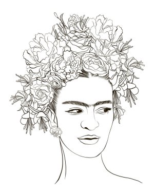Magdalena Carmen Frida Kahlo sayfa boyama portresi. Magdalena Carmen Frida Kahlo çelenkli portre. 