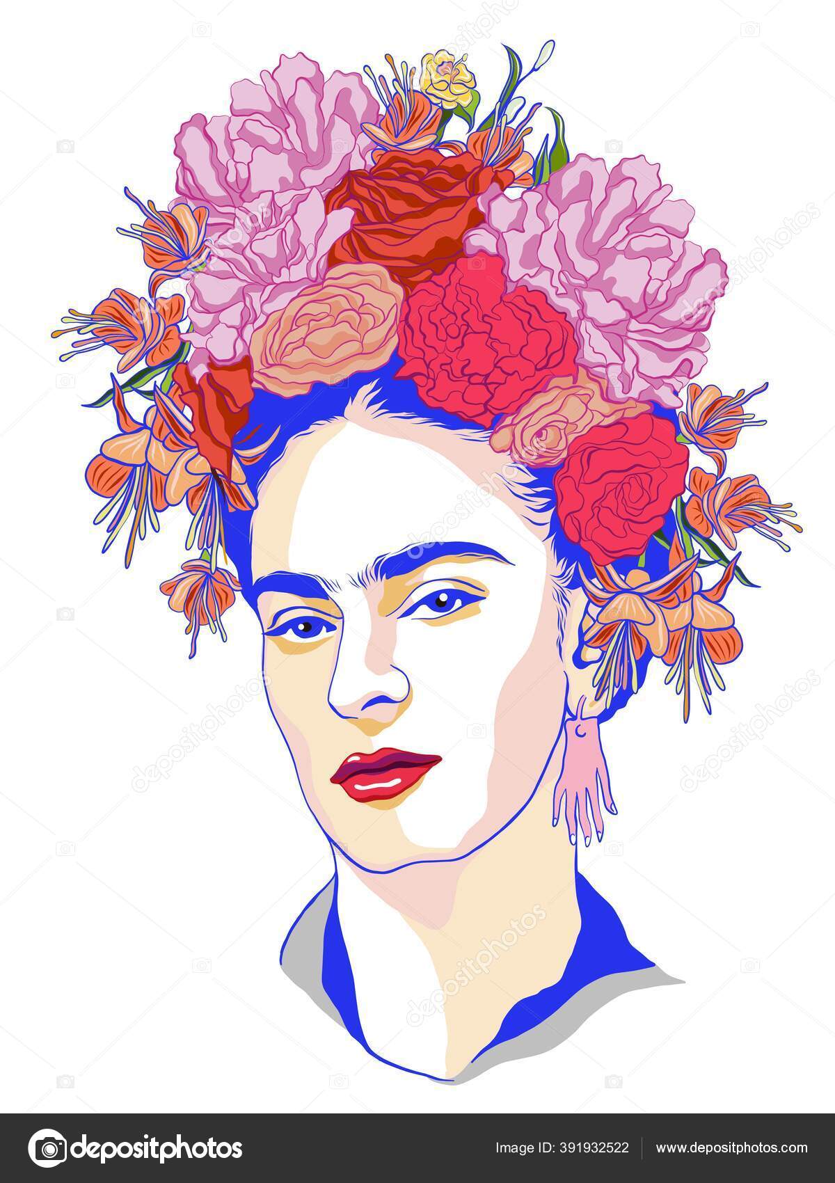 Magdalena Carmen Frida Kahlo Portrait Wreath Color Flowers ⬇ Vector ...