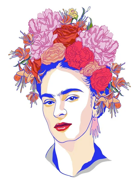 Magdalena Carmen Frida Kahlo Portrait Wreath Color Flowers — Stock Vector