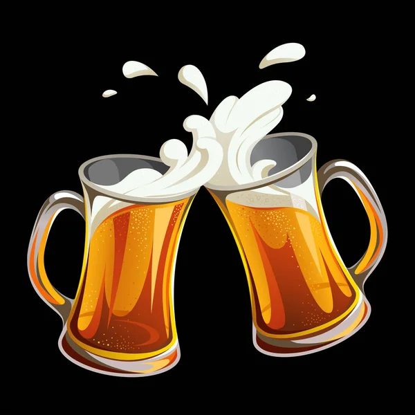 Illustration Zweier Glas Trinkbecher Mit Bier Auf Schwarzem Hintergrund Prost — Stockvektor