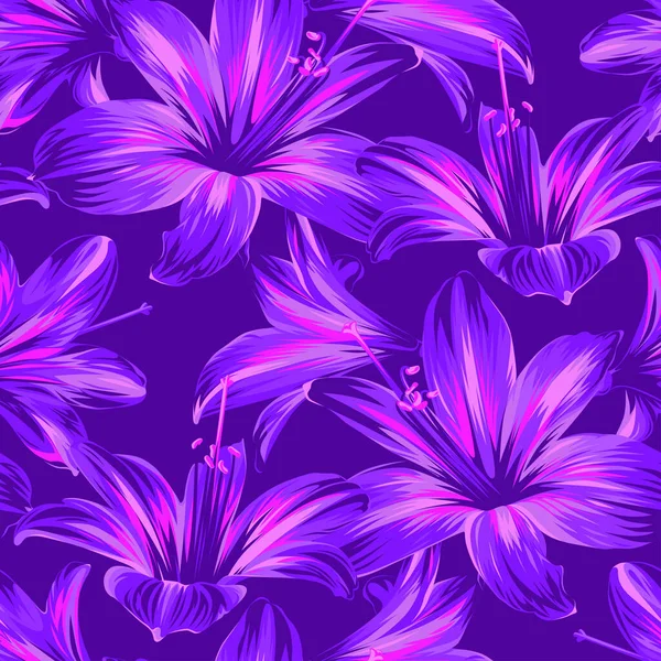 Pembe ve mor çiçekli kusursuz çiçek deseni - Hippeastrum veya mor arkaplanda Amaryllis.