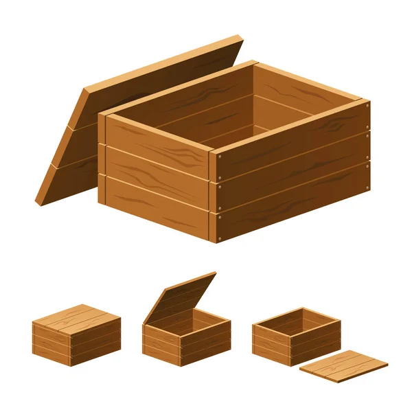 Set Wooden Boxes Lids Isolated White Background Vector Cartoon Close — Stock Vector