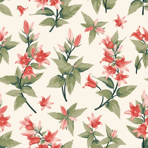 Pembe Campanula 'lı kusursuz desen. Çiçekler, arka planda izole edilmiş. El çizimi çizimler.