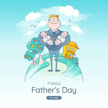 Babalar Günü. İllüstrasyonlu bir pankart. Babası çocukları kollarında tutuyor. Çekici çizgi film karakterleri. 