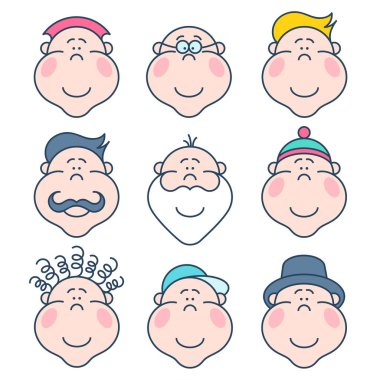 Gülümseyen yüzleri olan düz çizgisel avatarlar. Takım simgeleri koleksiyonu. 