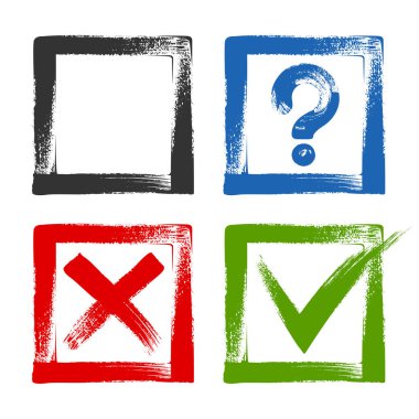Kontrol listesi işaretlerinin tasarımı, seçim seçenekleri, test, sınav ya da anket işaretleri. Mavi sorulu kare kutular, kırmızı x ve yeşil işaret işaretleri. Onaylama işaretleri.