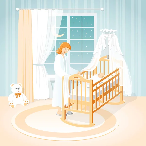 Moeder Baby Het Kinderbedje Een Kinderkamer Welterusten — Stockvector