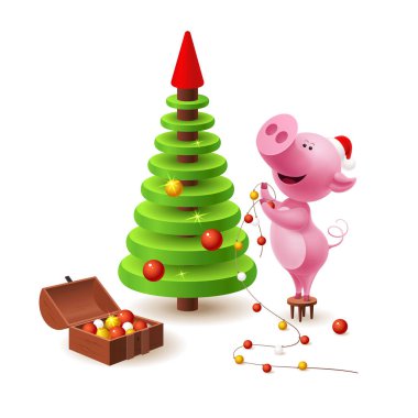 Banner with Pig, Christmas Tree ve Dekor on White Background. 2019 Yeni Yıl.