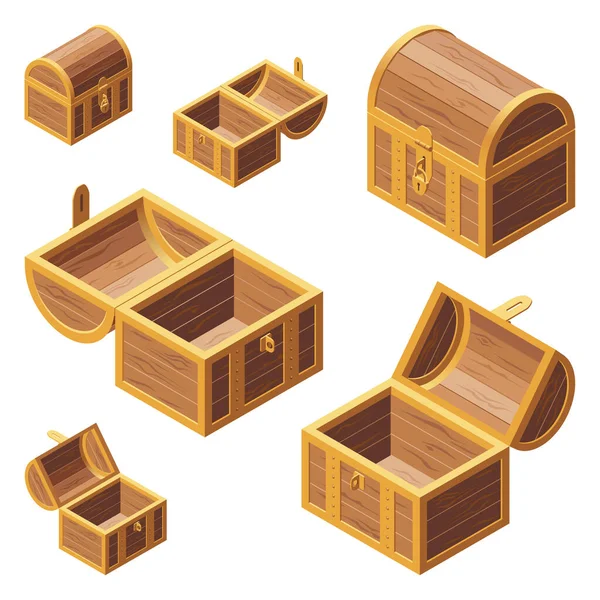 Beyaz arka planda gözkapakları izole edilmiş tahta bir sandık. Vektör karikatür yakın çekim illüstrasyonu. Isometric tarzı.