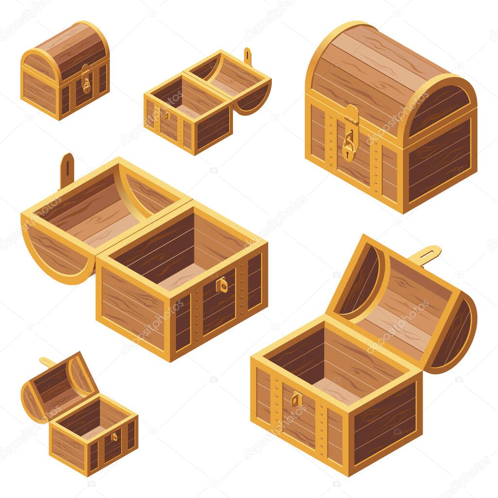 A set of wooden chest with lids isolated on white background. Vector cartoon close-up illustration. Isometric style.