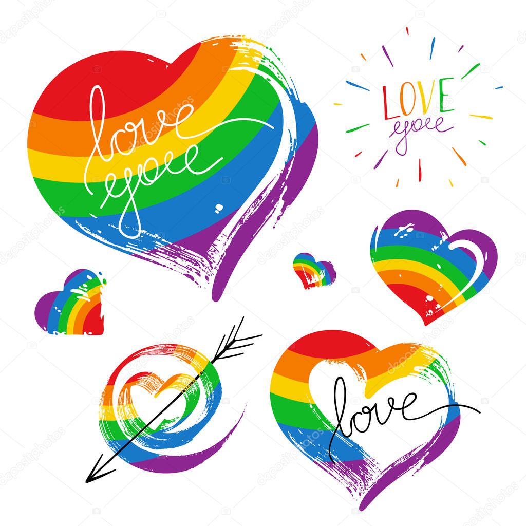 Bright hand drawn illustration isolated on white background. Grunge hearts in rainbow color. LGBT pride symbol.