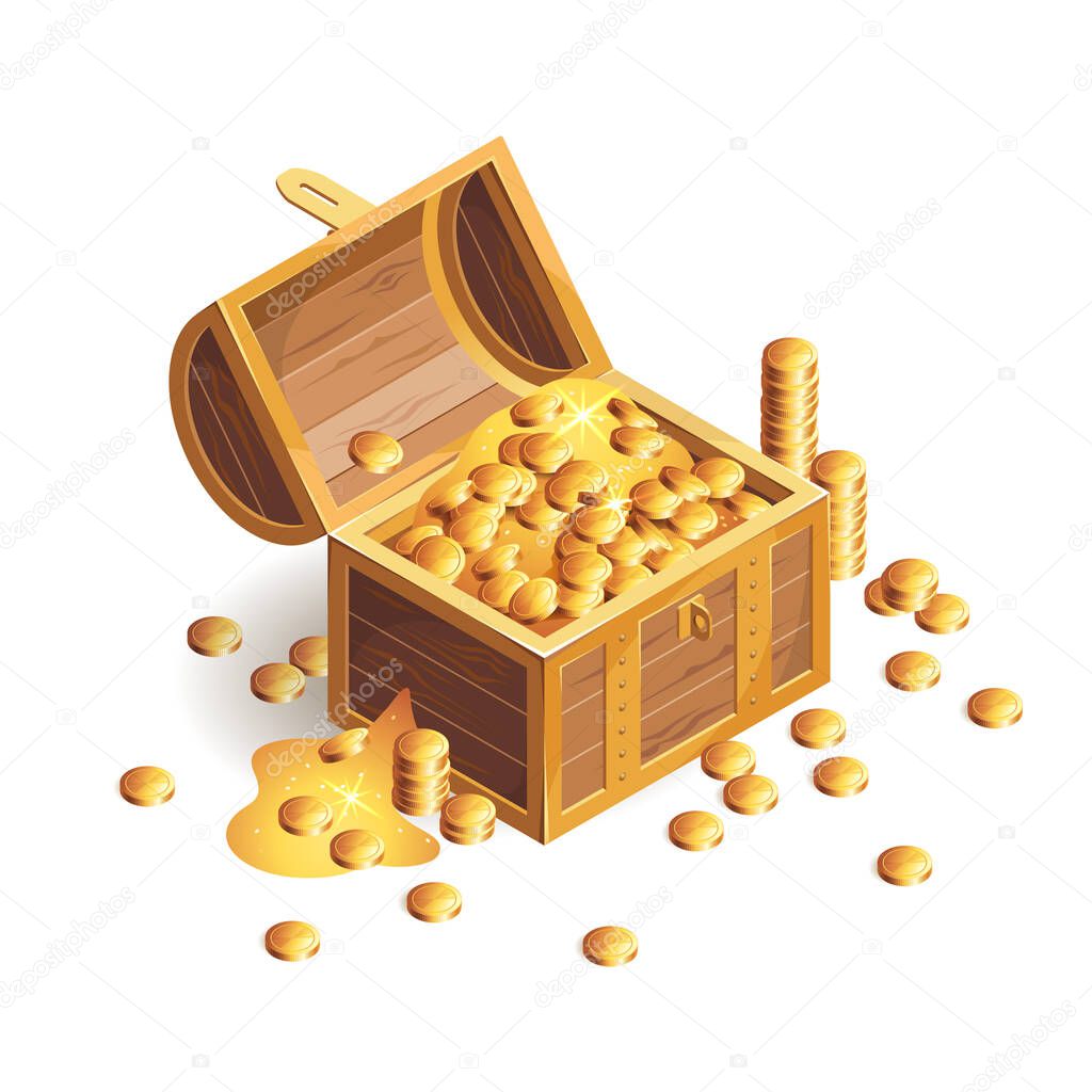 Vintage wooden chest with golden coin and gold isolated on white background. Isometric style.