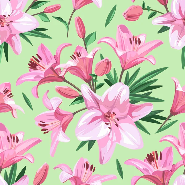 Ροζ Λουλούδια Λίλι Απρόσκοπτη Floral Μοτίβο Ανοιχτό Πράσινο Φόντο Εικόνα — Διανυσματικό Αρχείο
