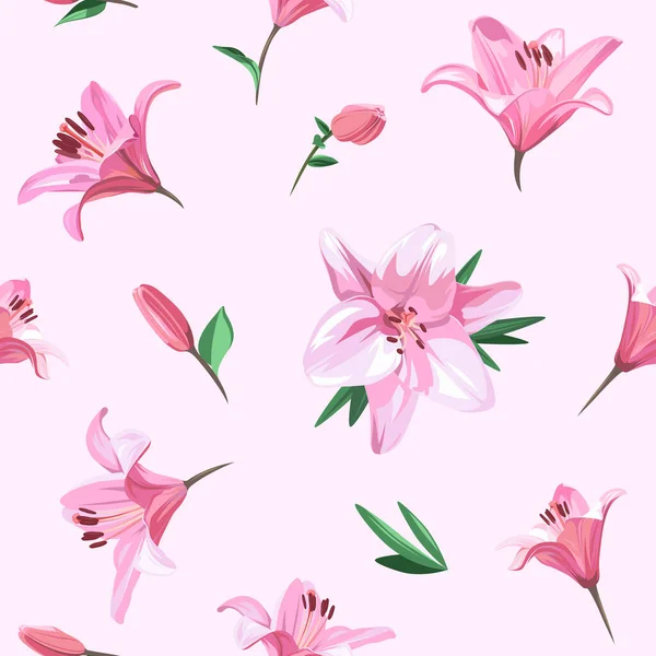 Rosa Blumen Lilie Nahtloses Blumenmuster Auf Hellrosa Hintergrund Frühlingsillustration — Stockvektor